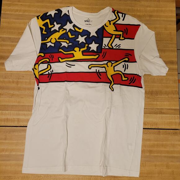 SPRZNY Keith Haring Graphic T-Shirt Men's Medium White Short Sleeve USA Flag - Picture 2 of 6